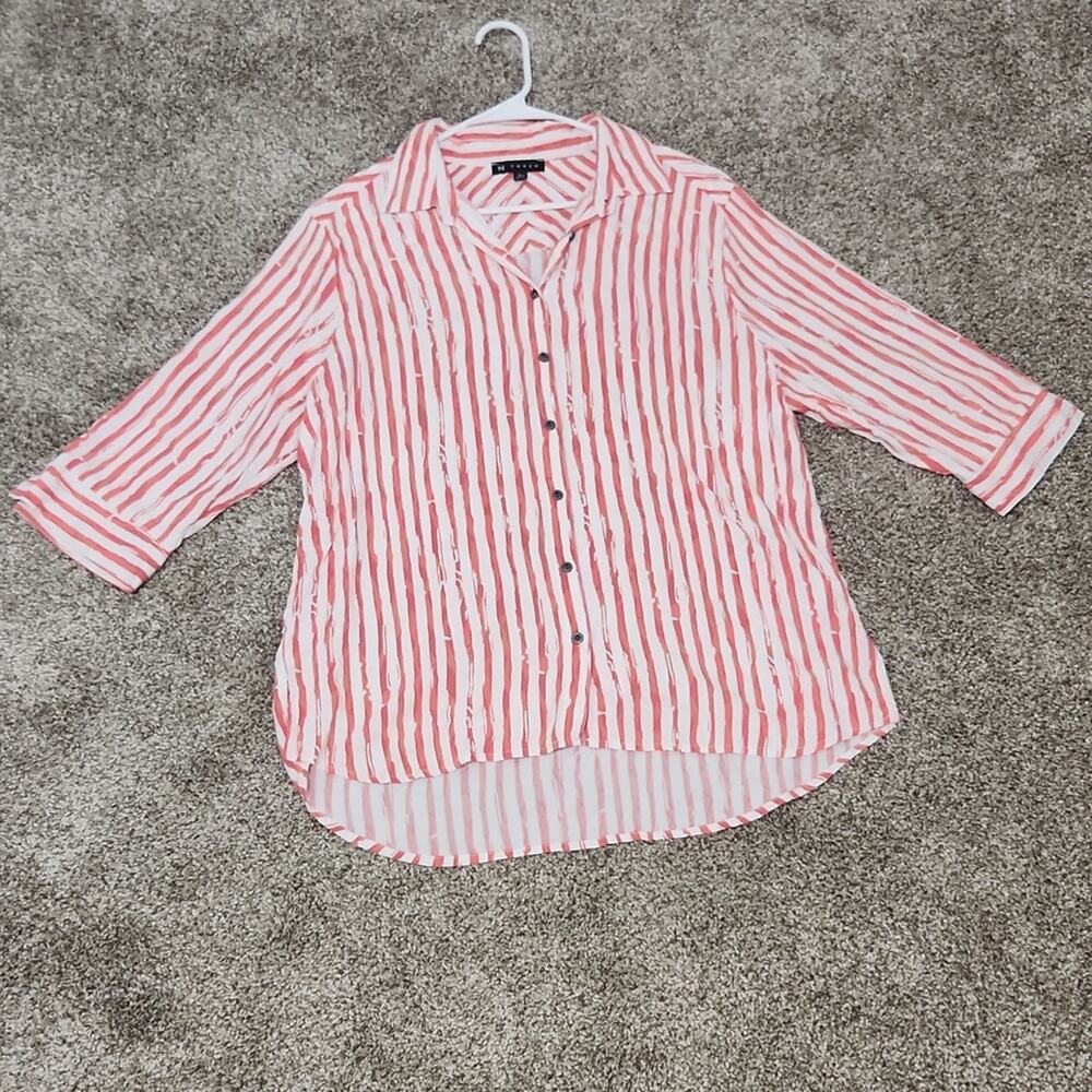 Size Large N Touch Womens striped button up shirt 3/4 sleeve coral pink white